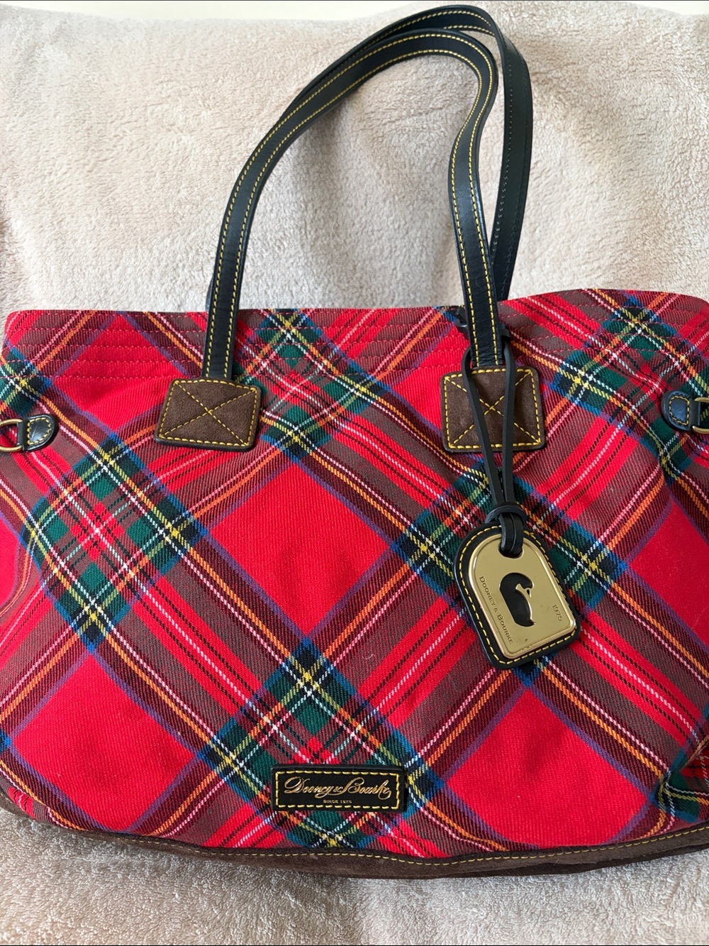 Dooney & Bourke Red Tartan Tote with Black Leather Handles